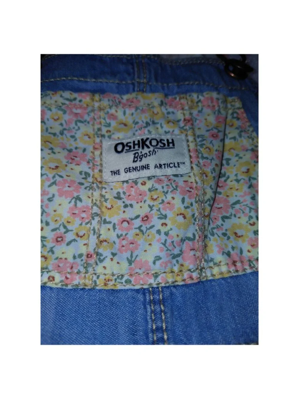 OshKosh B’gosh Girls 3T Denim Overall Jumper Dress Floral Pocket & Straps